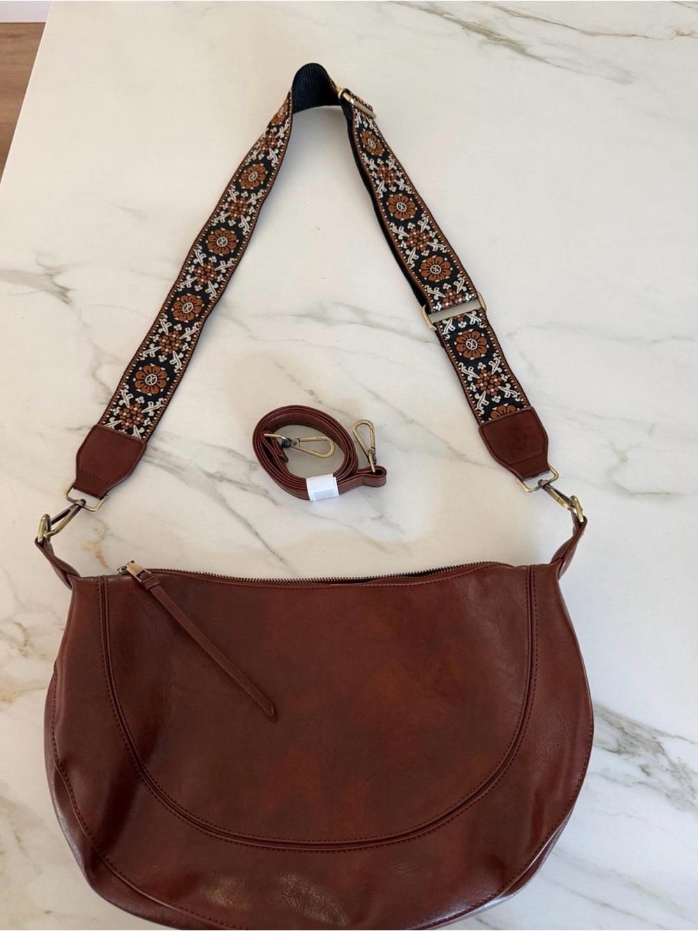 AUYOCO Vegan Leather Crescent Hobo Crossbody Bag Brown Guitar Strap